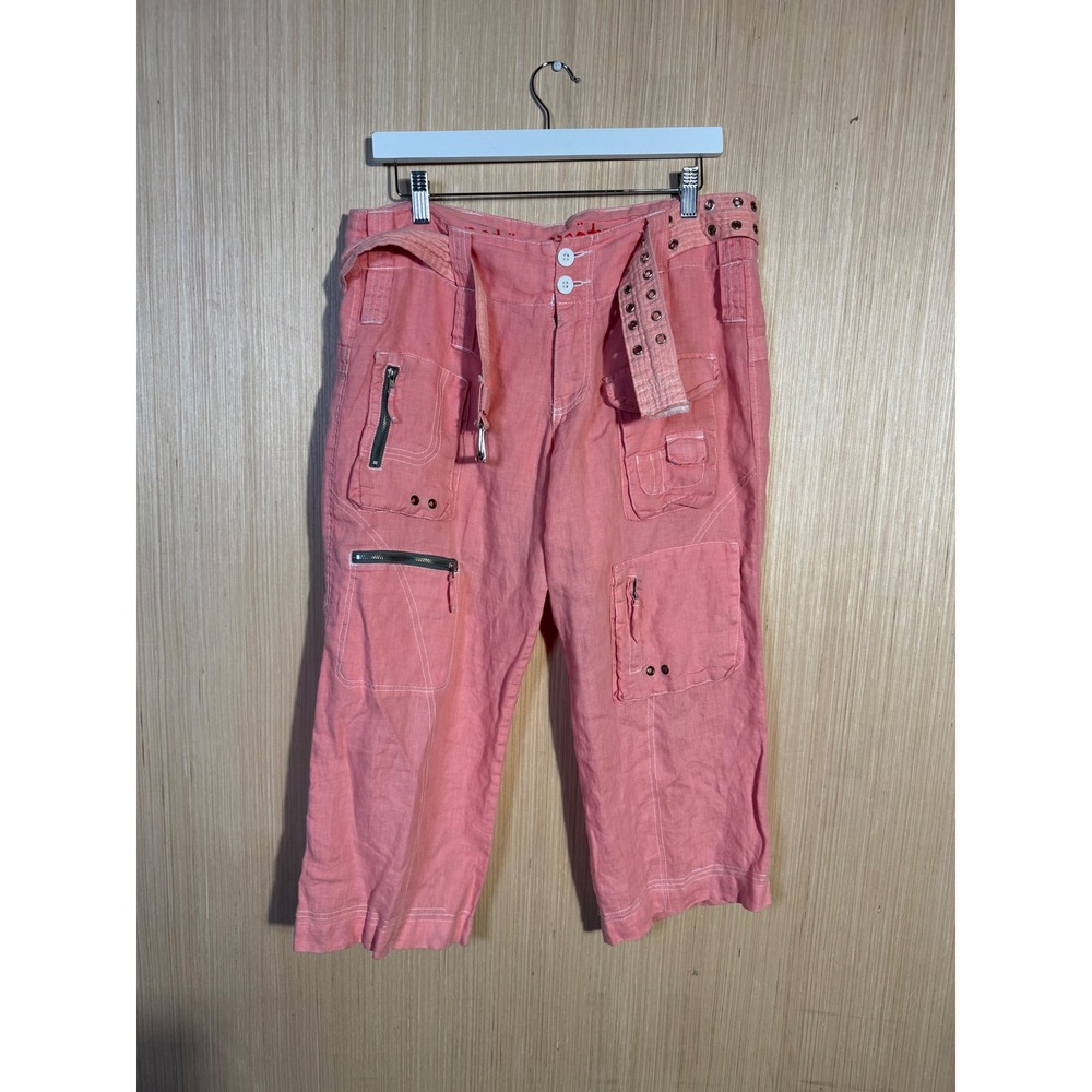 Pete & Greta Johnny Was Pink Linen Cargo Capri Shorts Unisex Grommet Belt Size 6